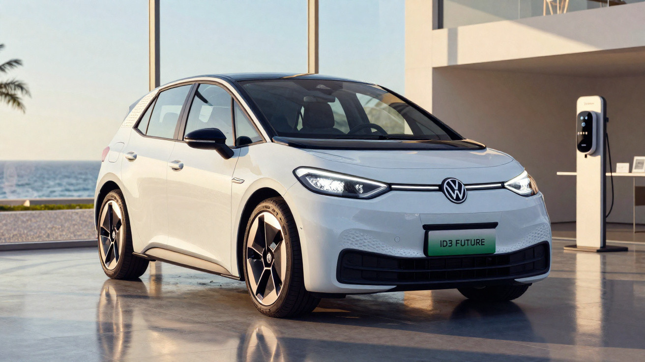White Volkswagen ID.3 electric car parked indoors near a charging station with ocean view windows.