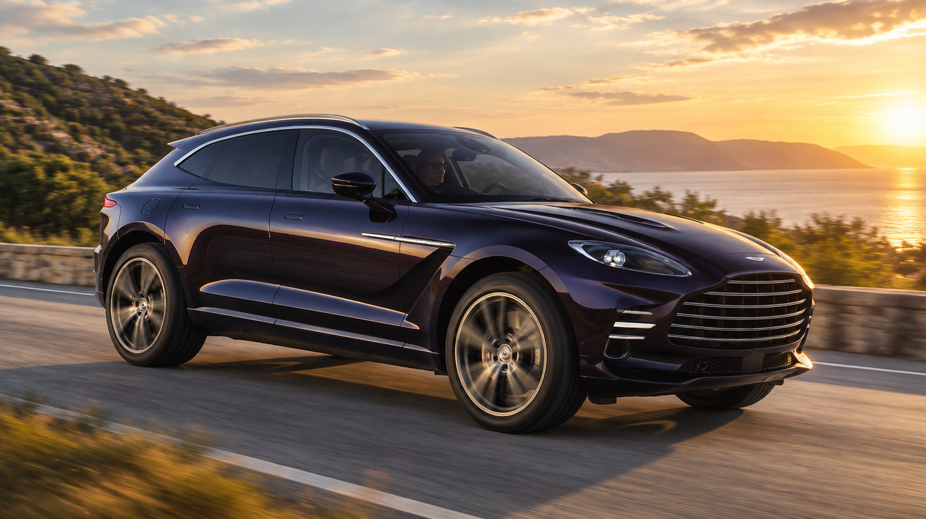 Dark purple luxury SUV driving on coastal road at sunset with hills and sea in the background.