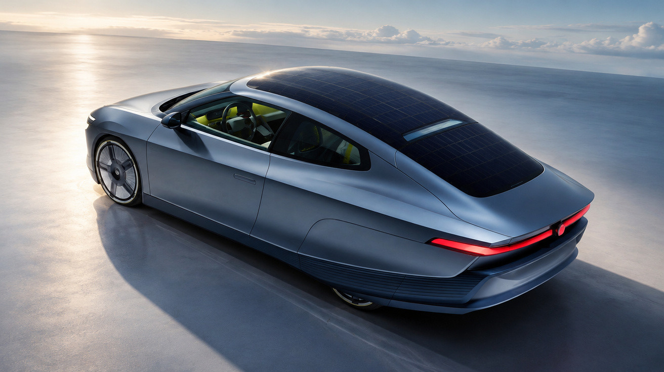Sleek silver solar-powered electric car on reflective surface under a cloudy sky at sunset.