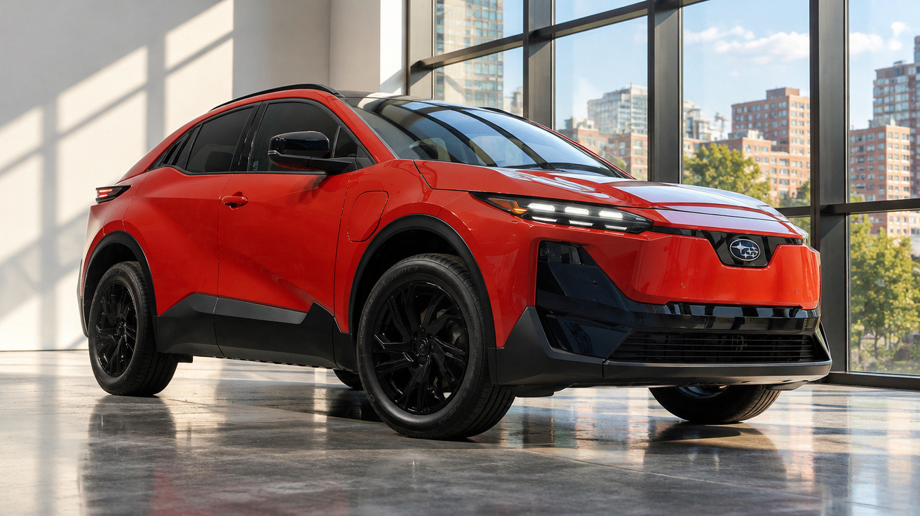 Red Subaru electric SUV parked indoors with city buildings visible through large windows.