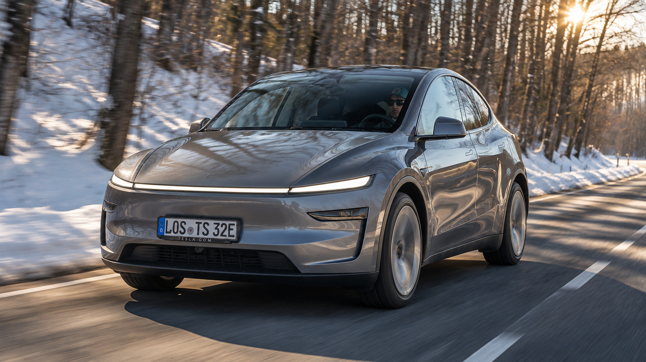 Silver electric car driving on a sunlit snowy road through a forest in winter.