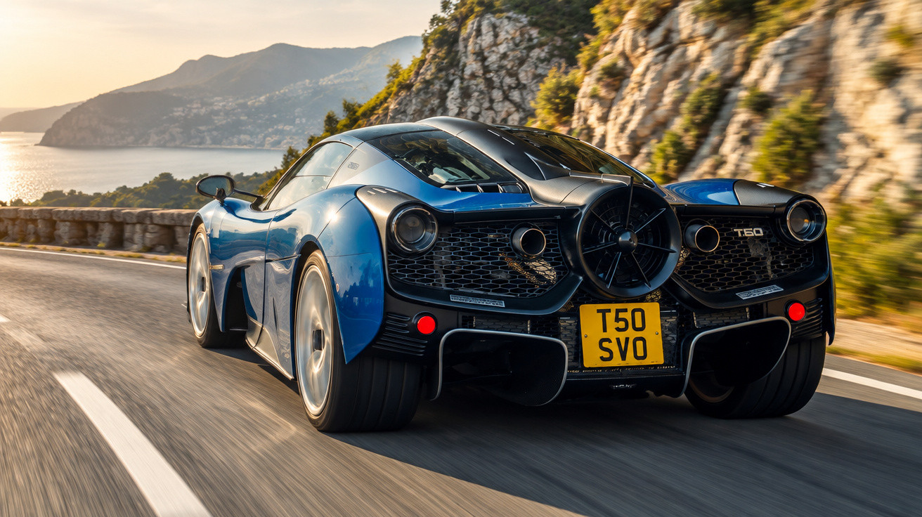 Rear view of a blue McLaren T50 sports car driving on a coastal mountain road at sunset.