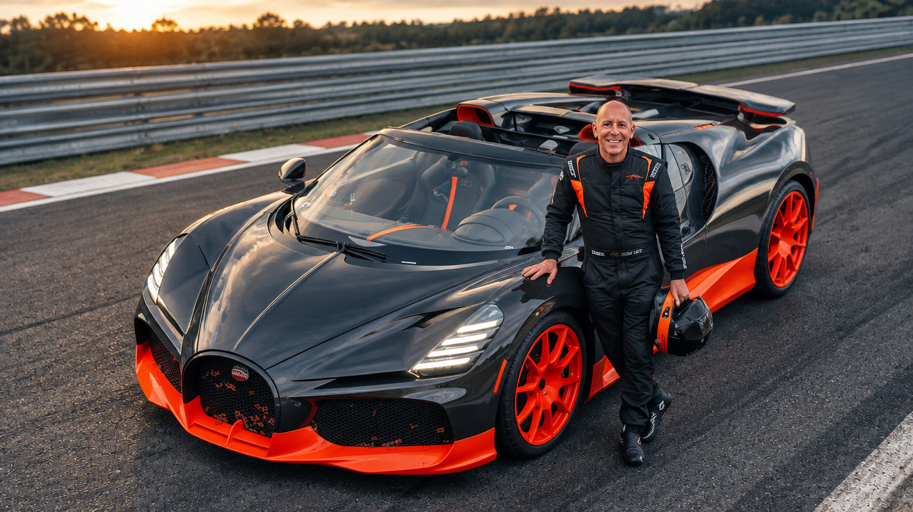 Man in racing suit standing beside a black and orange Bugatti sports car on a race track at sunset.