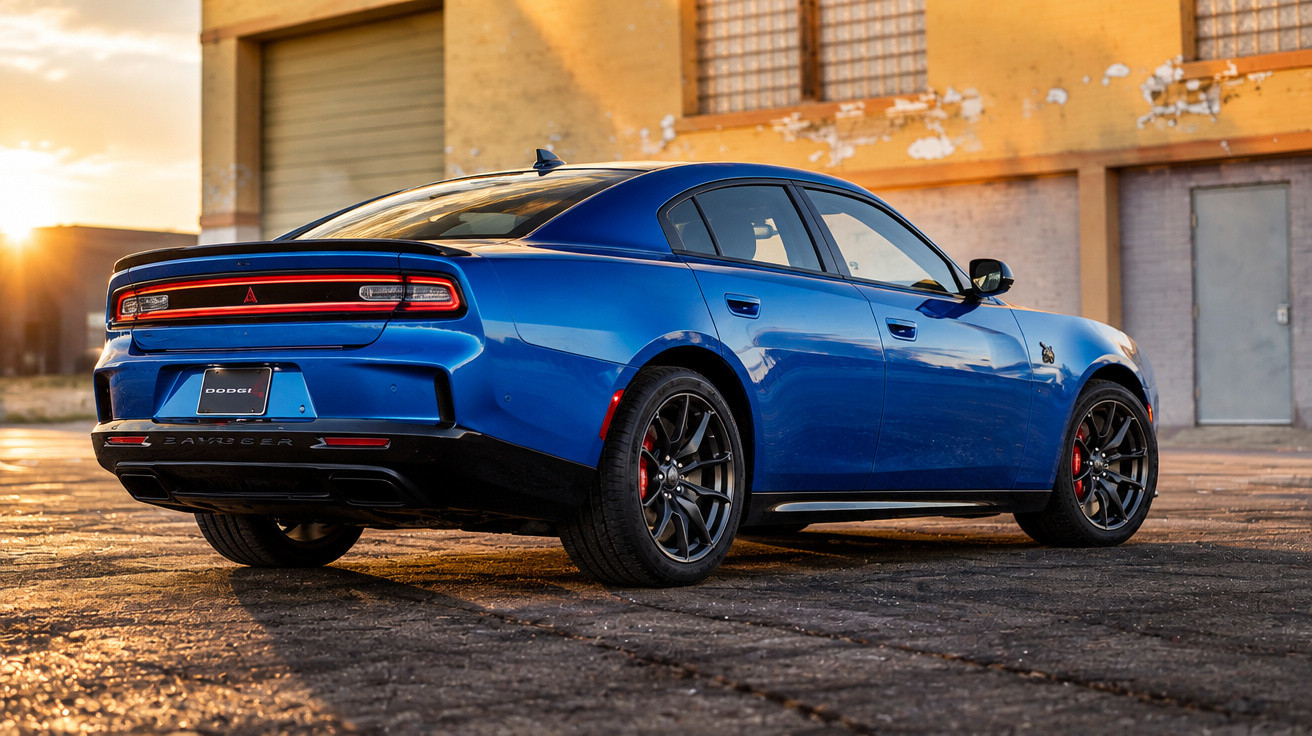 Blue Dodge Charger parked on cracked pavement in front of a weathered yellow industrial building at sunset.