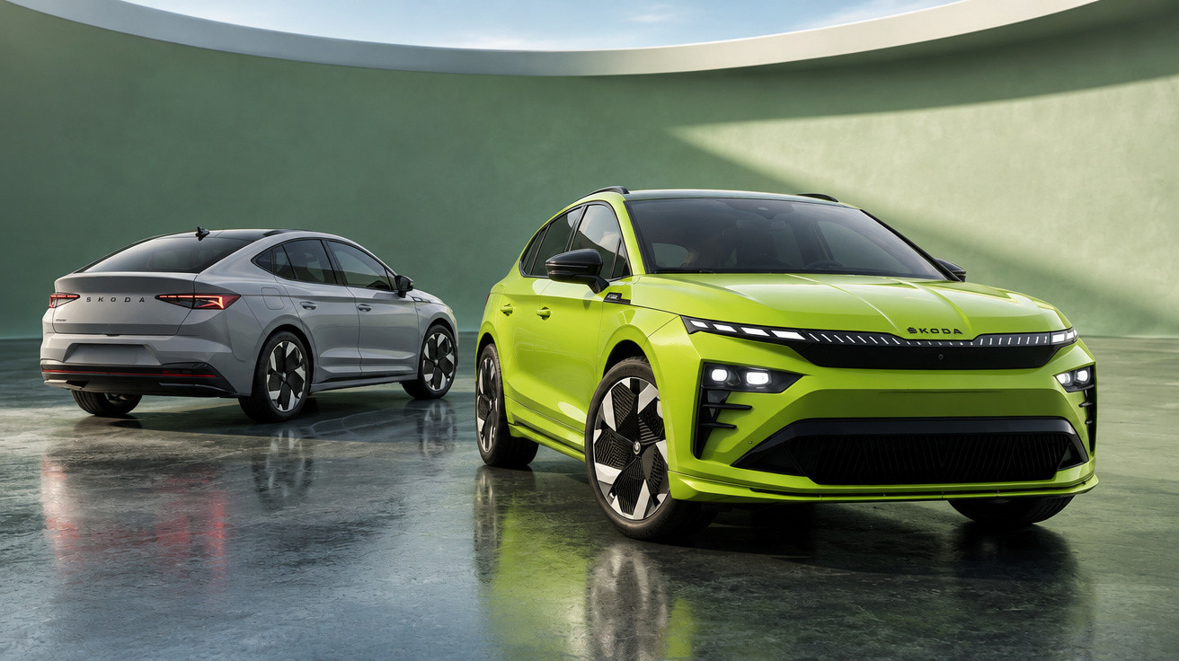 Two modern Skoda cars, a lime green SUV in front and a grey sedan behind, in a sleek, minimalistic indoor setting.