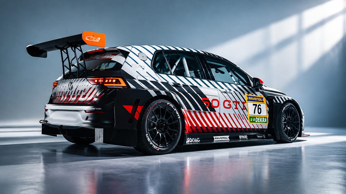 Racing car with black, white, and red geometric livery and large rear wing in a bright studio setting.