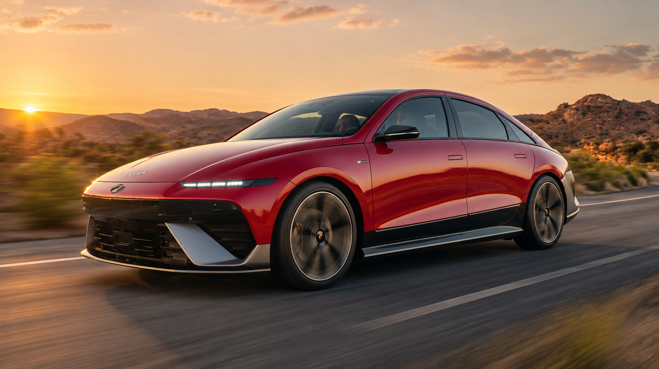 Red electric luxury sedan driving on a desert road at sunset with mountains in the background.
