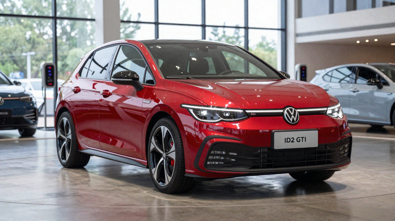 Red Volkswagen ID2 GTI electric hatchback displayed indoors with polished floor and other cars in background.
