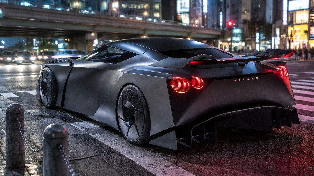 Matte black Nissan concept sports car with illuminated tail lights parked on a city street at night.