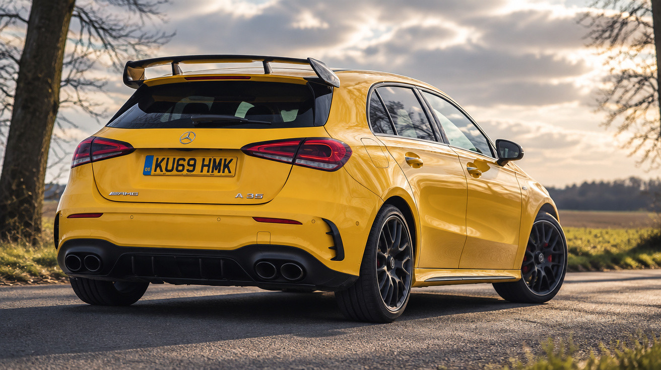 Yellow Mercedes-AMG A 35 hatchback parked on a rural road under a cloudy sky at sunset.