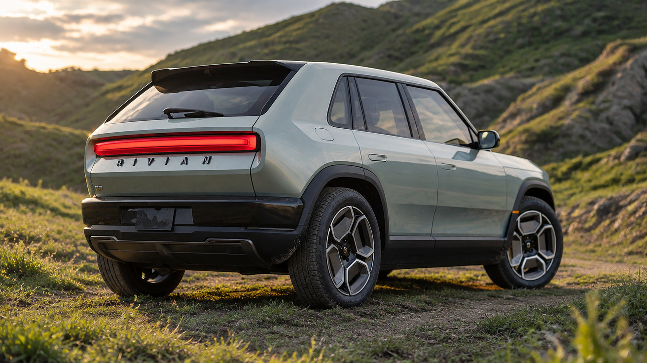 Rivian electric SUV parked on a dirt path surrounded by green hills during sunset.