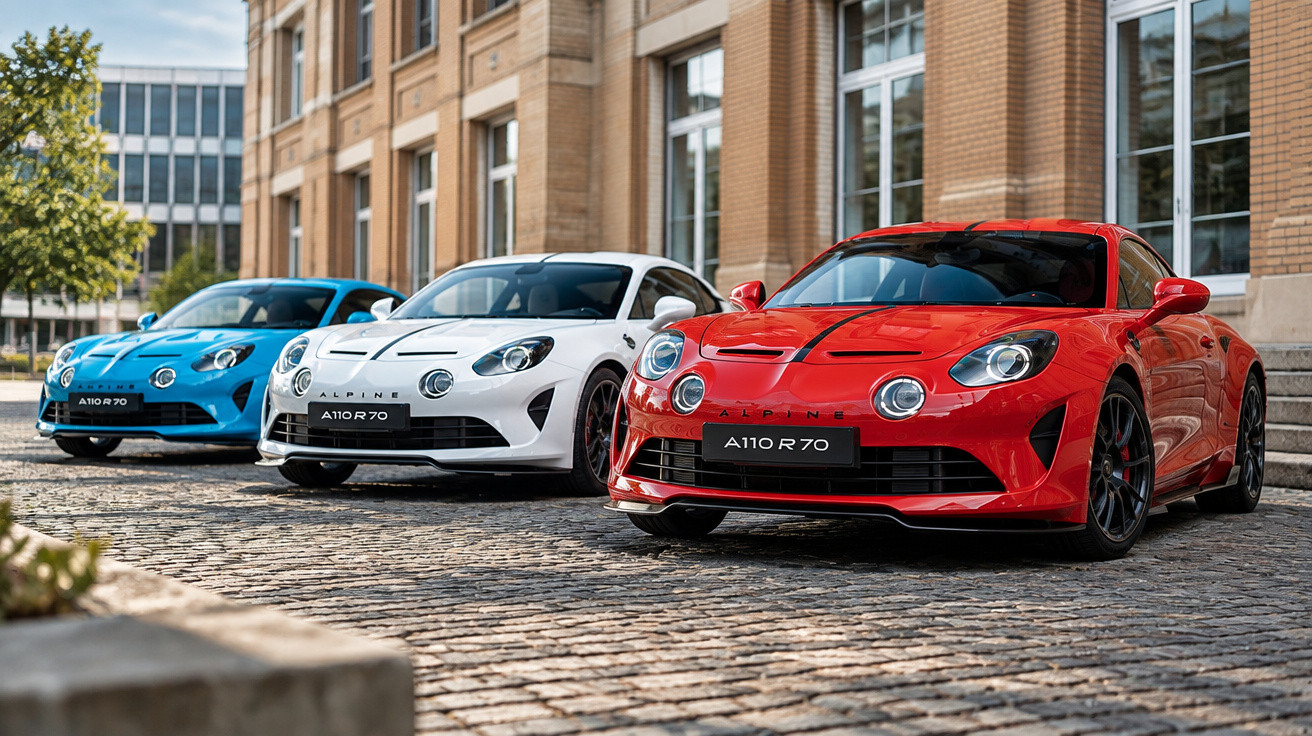Three Alpine A110 R 70 sports cars in red, white, and blue parked on a cobblestone street.