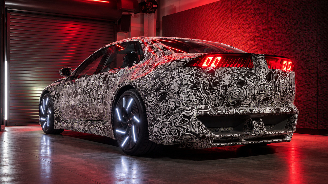 Rear-side view of a camouflaged modern sedan with illuminated wheels and taillights in a red-lit garage.