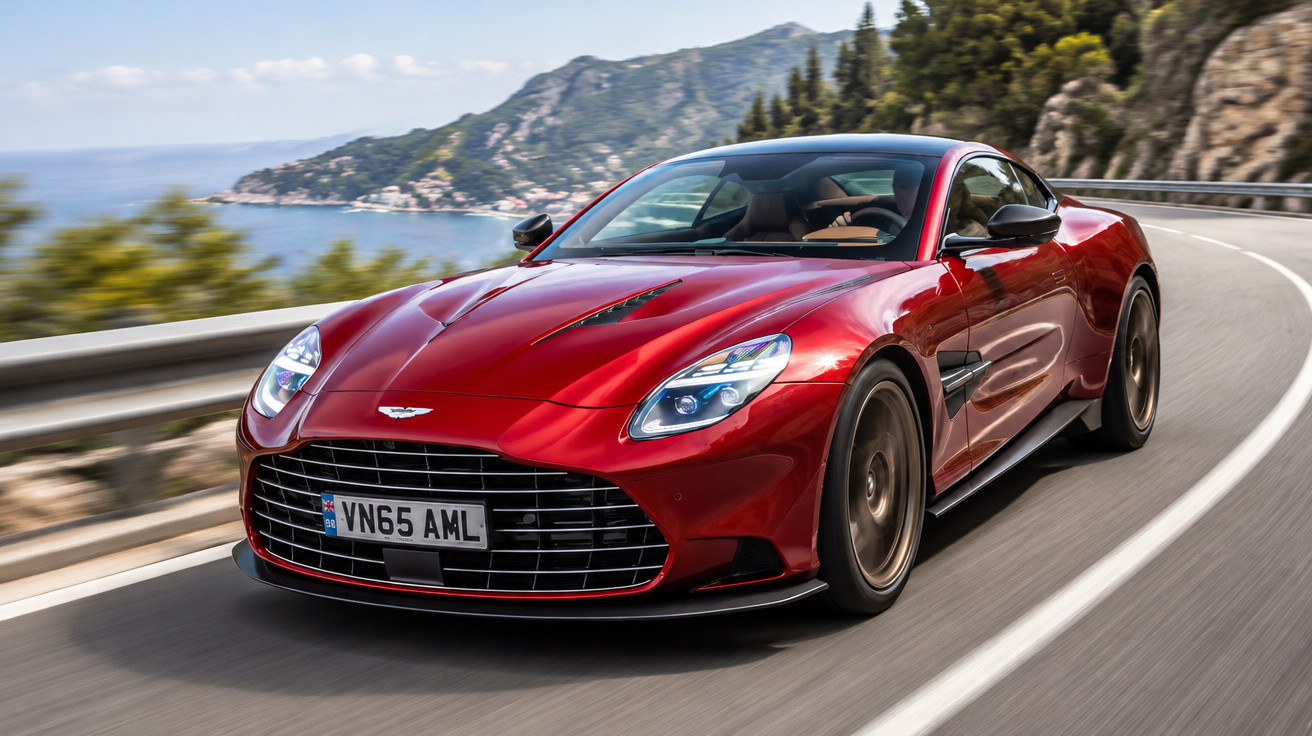 Red Aston Martin sports car driving on a coastal mountain road with guardrails and trees.