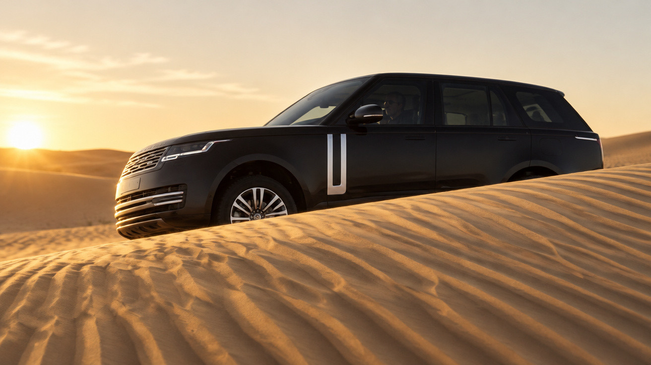 Black SUV driving through sand dunes at sunset with textured sand in the foreground.