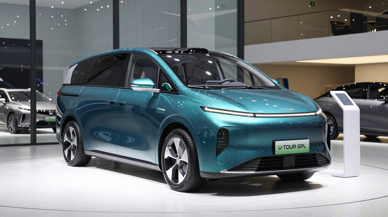 Teal electric MPV car displayed in a showroom with modern design and sleek LED headlights.