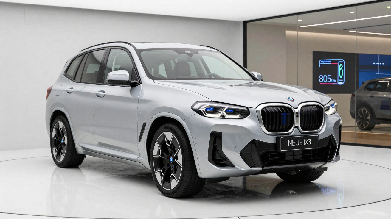 Silver BMW Neue iX3 electric SUV displayed in a showroom with modern minimalist design.