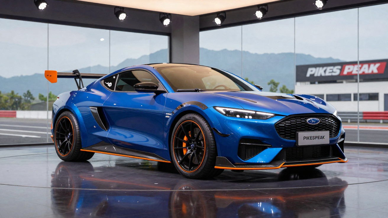 Blue Subaru sports car with orange accents displayed indoors at Pikes Peak venue.