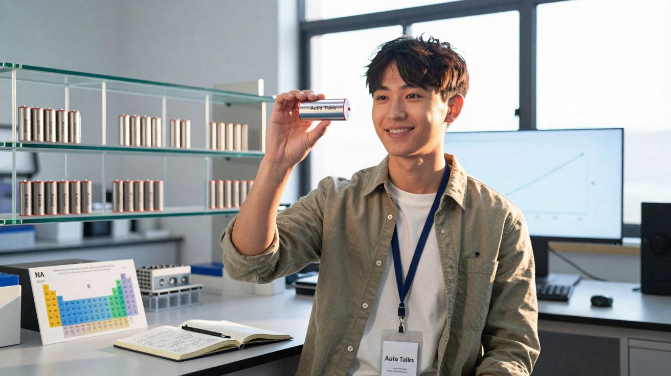 Young scientist holding a battery in a lab with periodic table and computer screens in the background.
