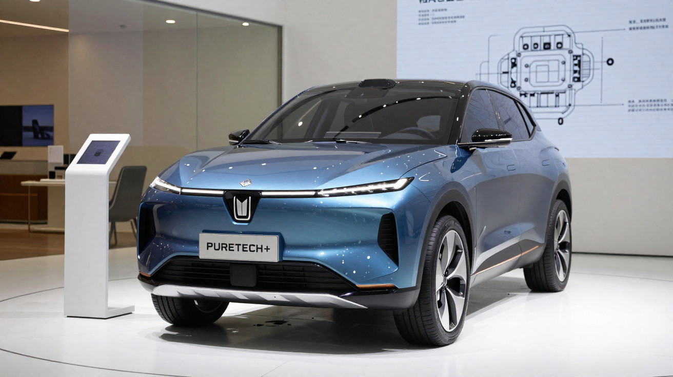 Blue electric SUV displayed in showroom with PureTech+ badge and sleek modern design.
