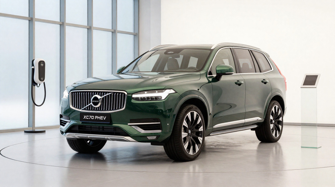 Green Volvo XC70 PHEV electric SUV on display in a bright showroom with charging station nearby