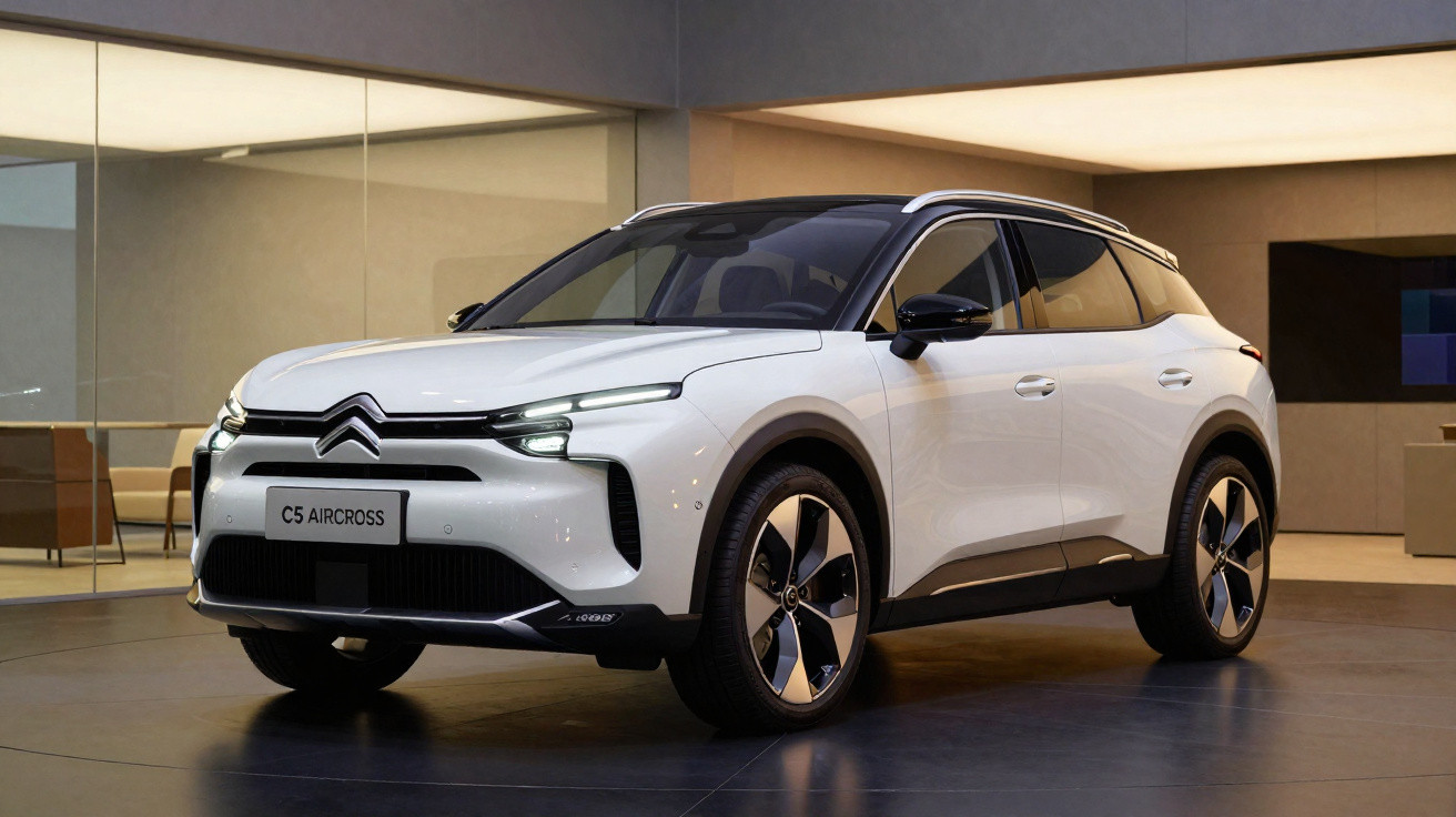 White Citroën C5 Aircross SUV parked indoors with sleek modern design and black roof accents.