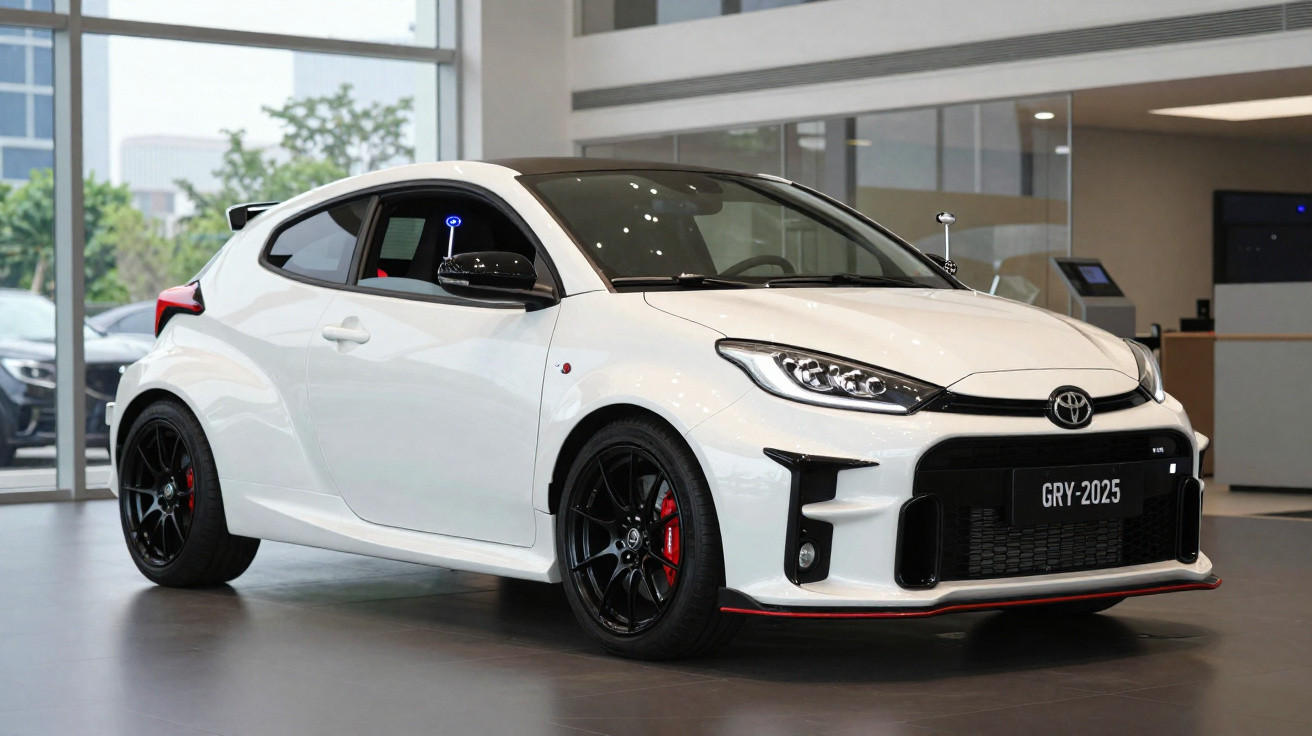 White Toyota GR Yaris sports car with black alloy wheels displayed indoors by large windows.