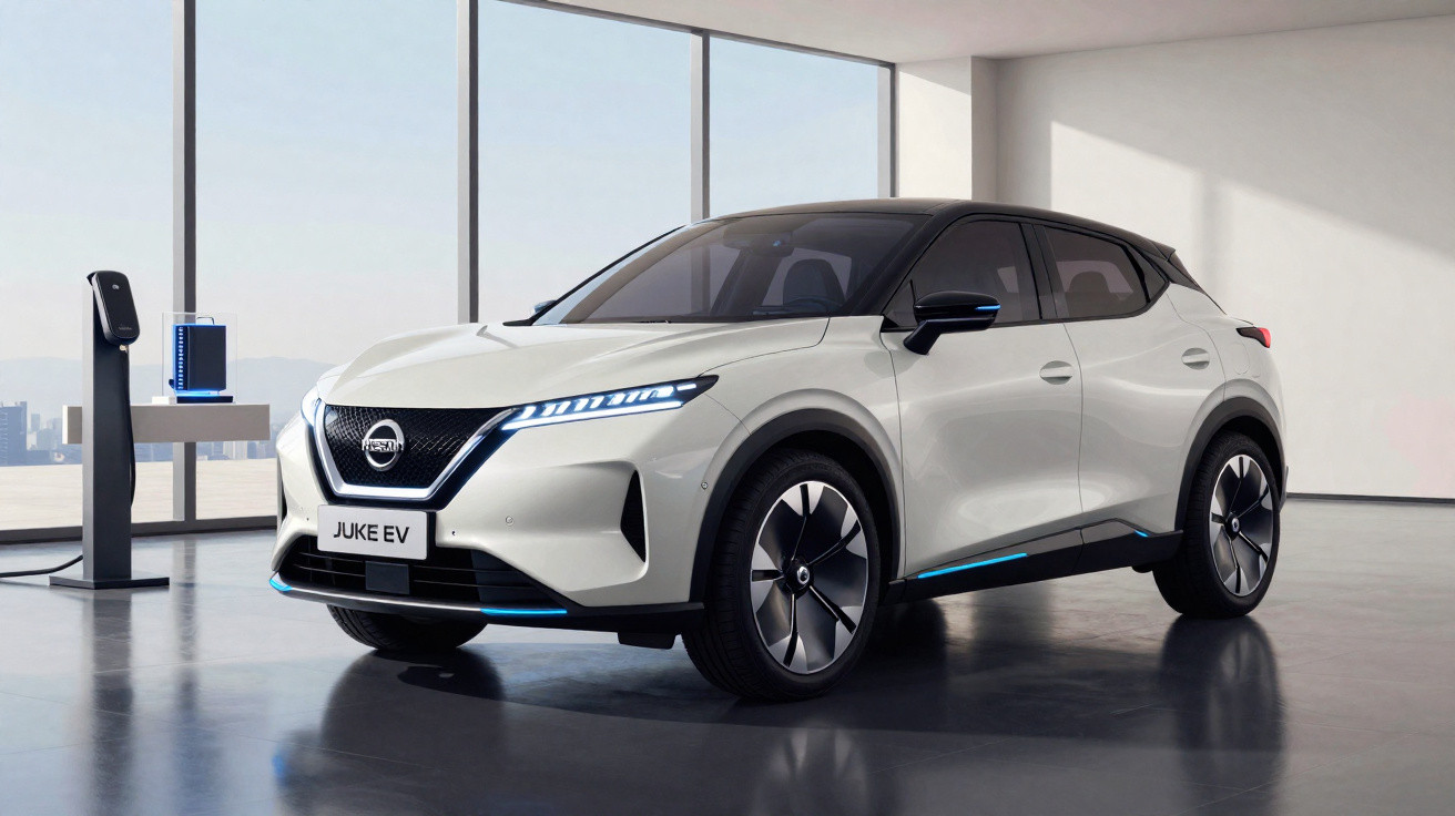 White Nissan Juke EV electric car charging inside a modern room with large windows and city views.