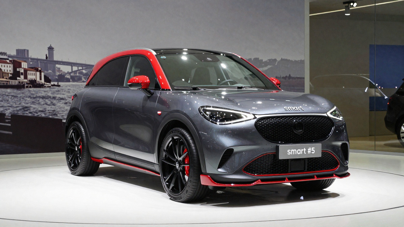 Grey and red Smart #5 compact SUV displayed indoors on a white platform with cityscape background.