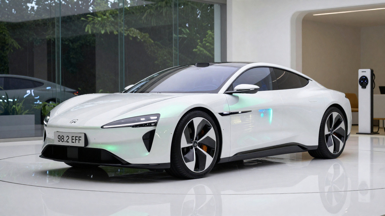White futuristic electric sports car displayed indoors next to a charging station on glossy floor