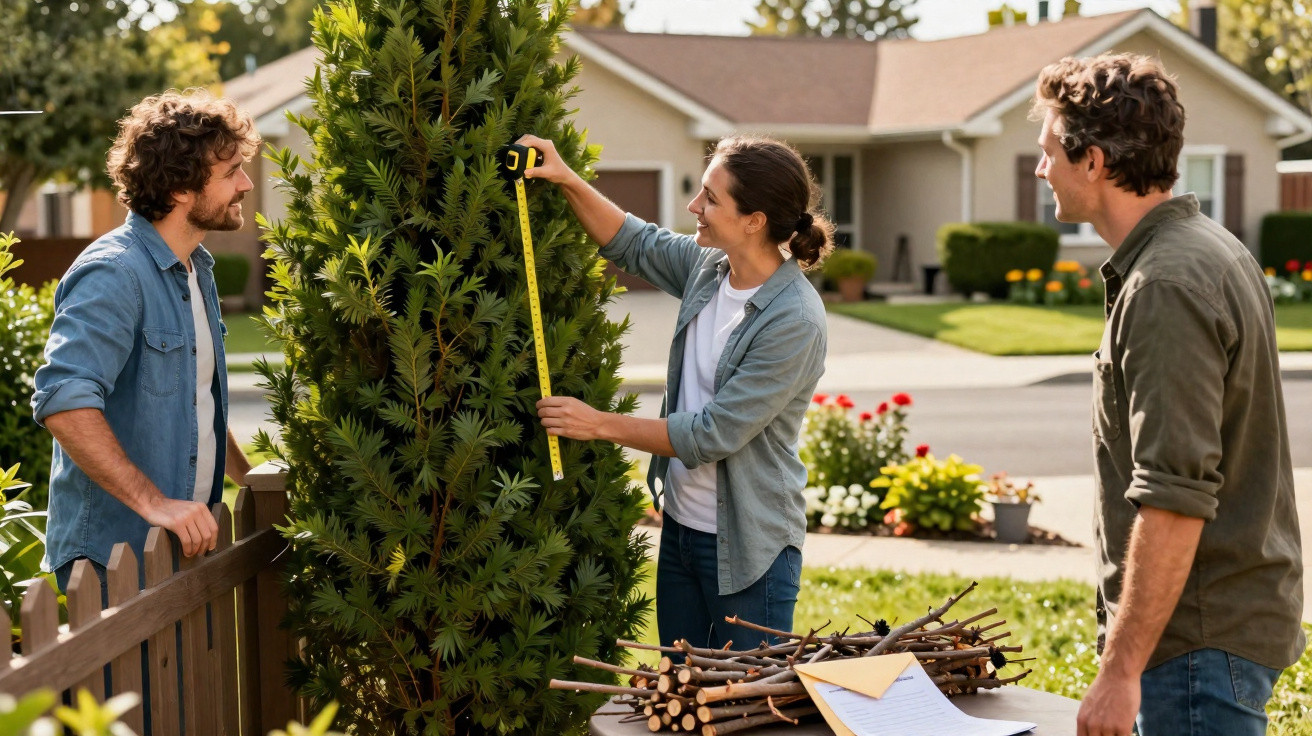 Three people measuring a tall bush in a garden with houses in the background.