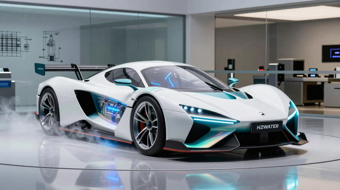 White futuristic sports car with glowing blue accents on display in a modern showroom.