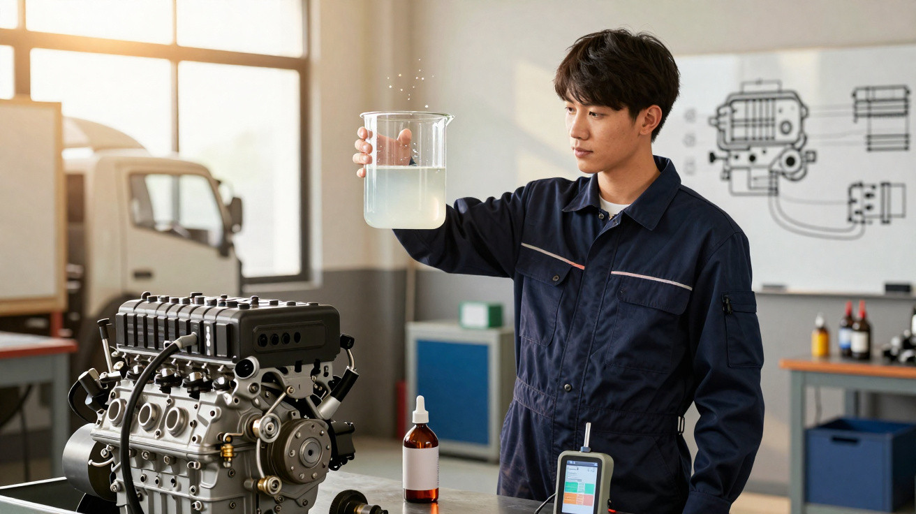Engineer in navy coveralls inspecting liquid in beaker near engine and diagnostic tools in workshop.