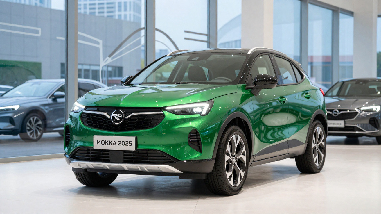Green 2025 Vauxhall Mokka SUV displayed in a showroom with large windows and other vehicles in the background.
