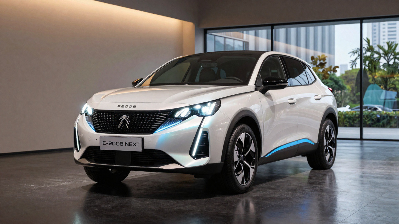 White Peugeot e-2008 Next electric SUV displayed indoors with sleek modern design and illuminated headlights.