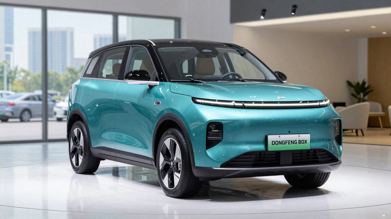 Teal Dongfeng Box electric compact SUV displayed indoors with black roof and modern LED headlights.