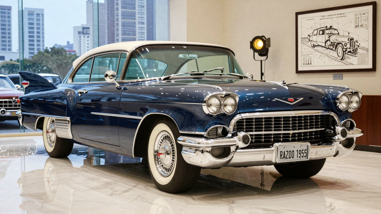 1955 dark blue and white classic Cadillac car displayed indoors with large windows and city view background