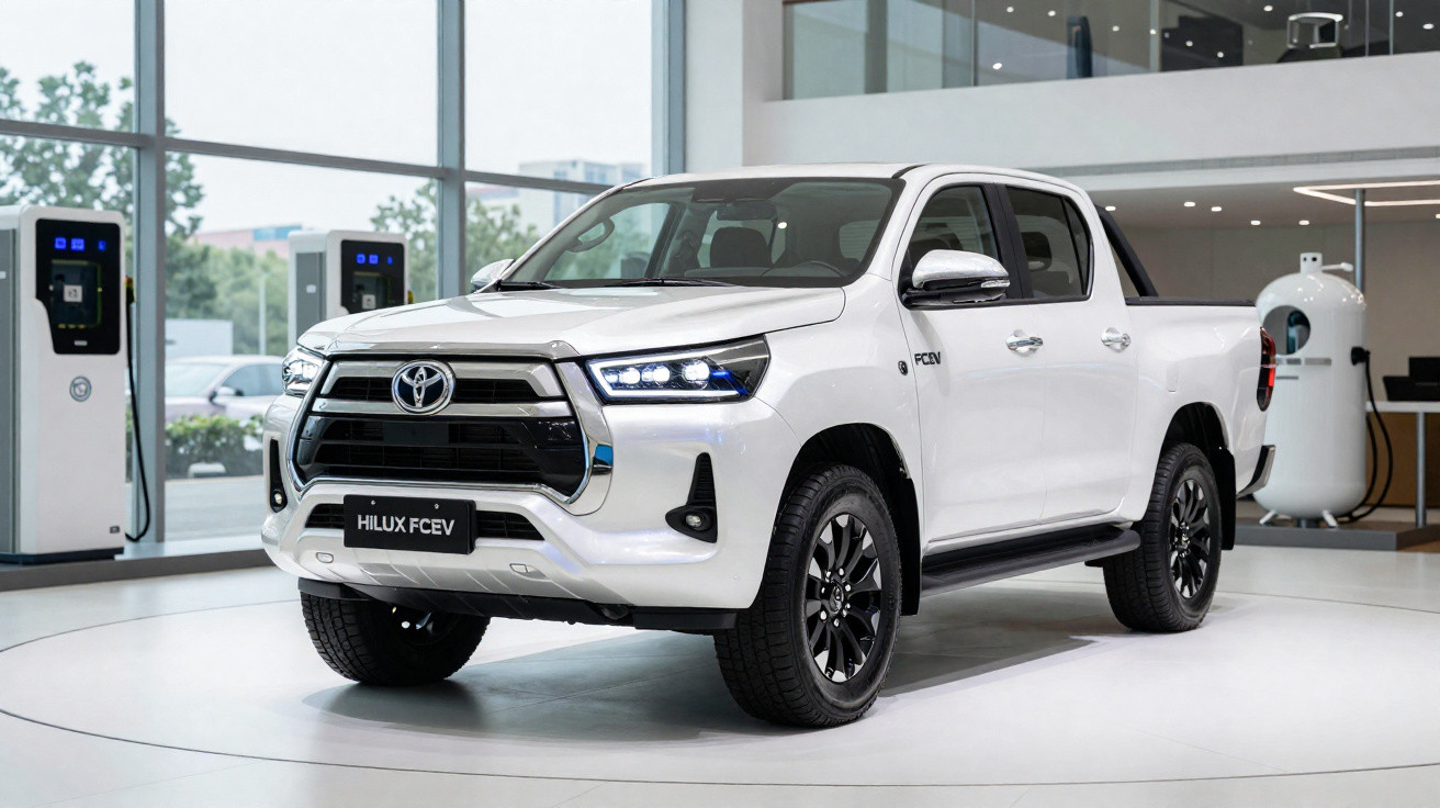 White Toyota Hilux FCEV pickup truck showcased indoors with large windows and charging stations in background.