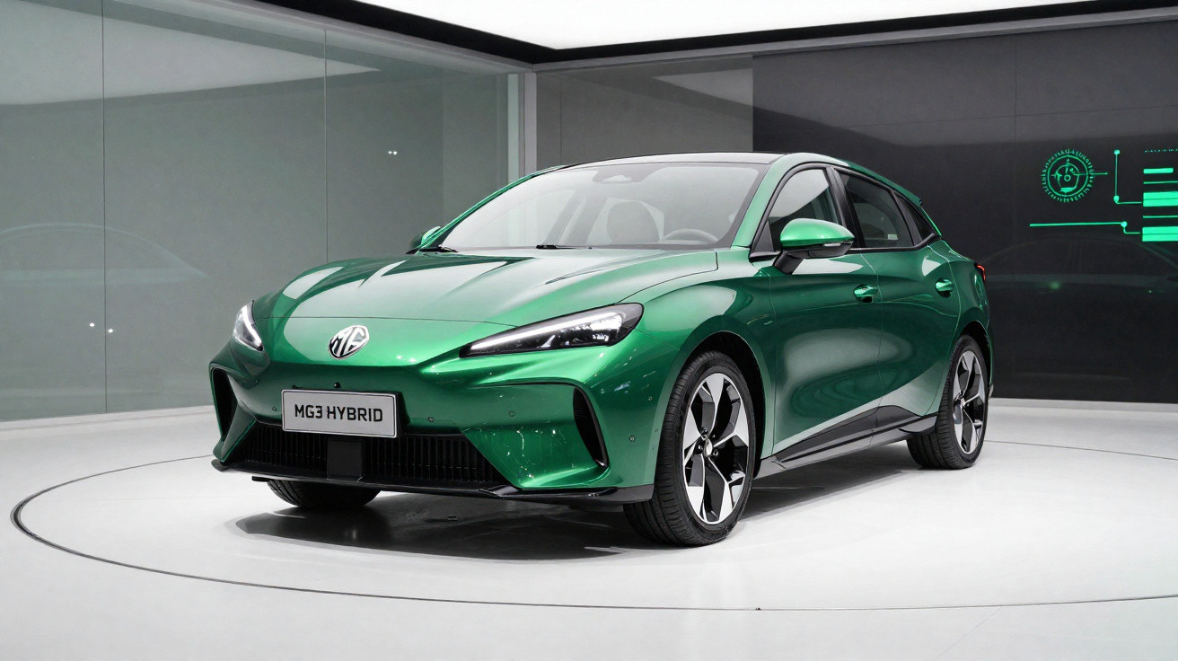 Green MG3 Hybrid compact car displayed in a modern exhibition space with sleek lighting and digital interface.