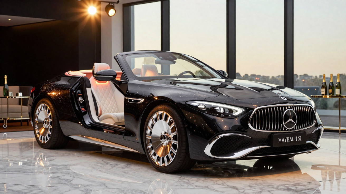Black Mercedes Maybach SL luxury convertible with open door showcased in modern indoor setting.