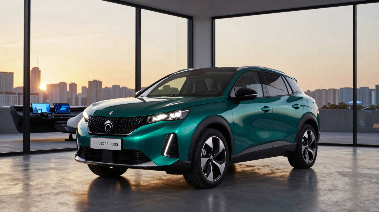 Green Peugeot e-3008 electric SUV displayed in a modern showroom with cityscape at sunset through large windows.