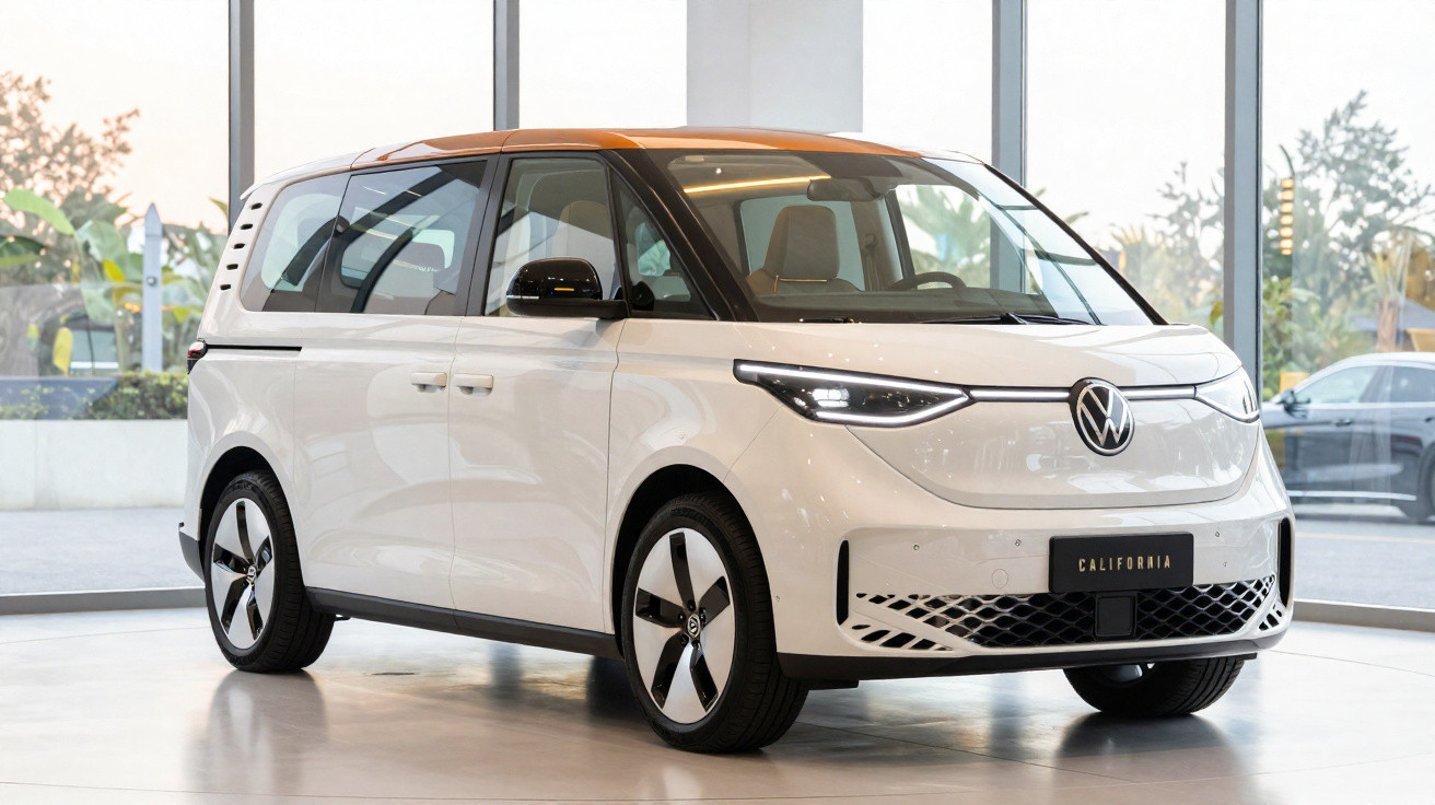 White Volkswagen electric van with orange roof parked inside a showroom with large windows.