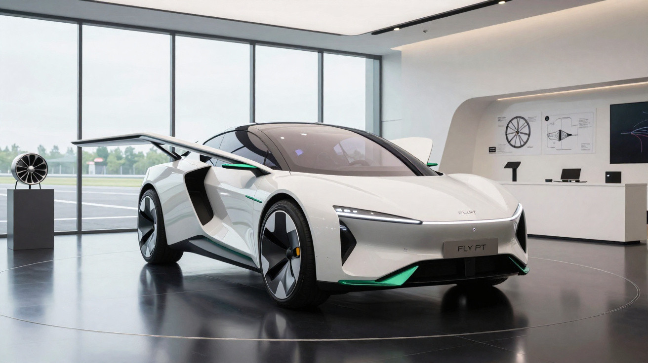 Sleek white electric sports car with futuristic design displayed in modern showroom with large windows.