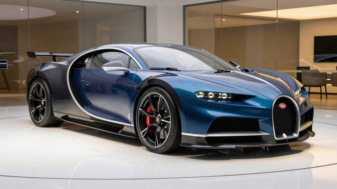 Blue Bugatti Chiron sports car displayed indoors with sleek design and red brake calipers.