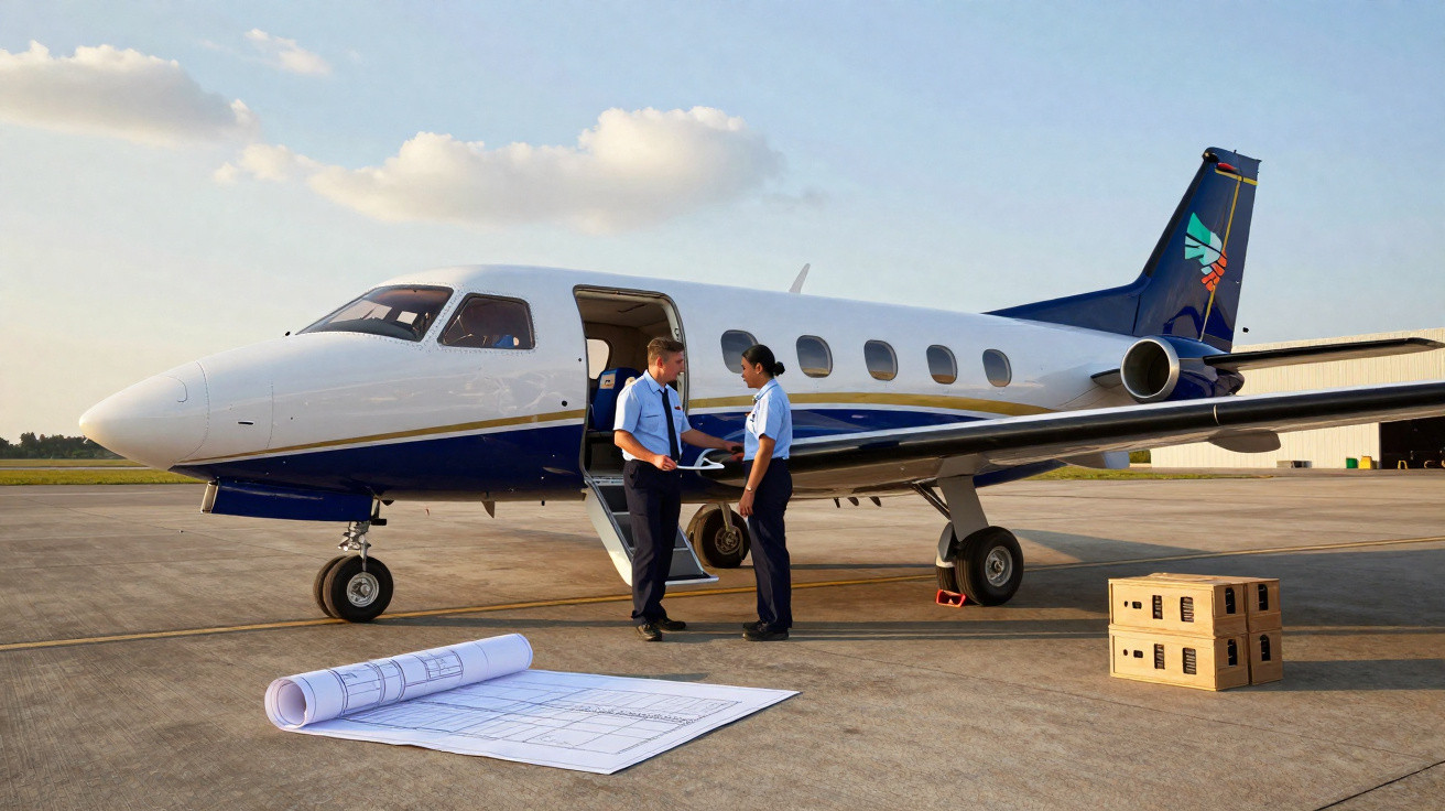 Two pilots in uniform talking beside a small private jet on the tarmac with blueprints and boxes nearby.