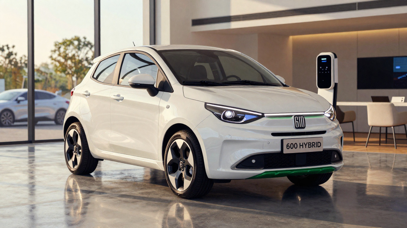 White 600 Hybrid compact hatchback parked indoors near electric vehicle charging station.