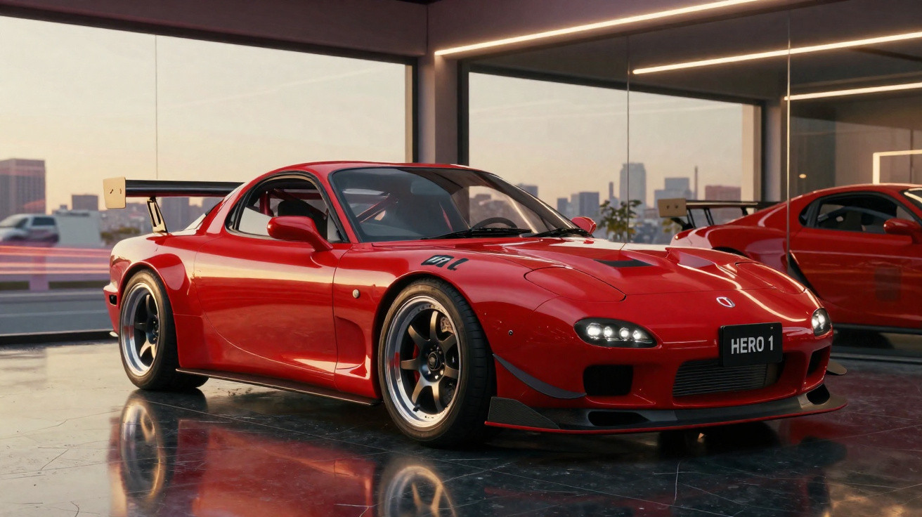 Red sports car with wide body kit and large rear wing parked indoors beside a reflective window at sunset.