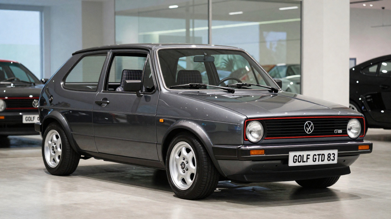 Grey classic Volkswagen Golf GTD 83 hatchback car displayed indoors on a polished floor.