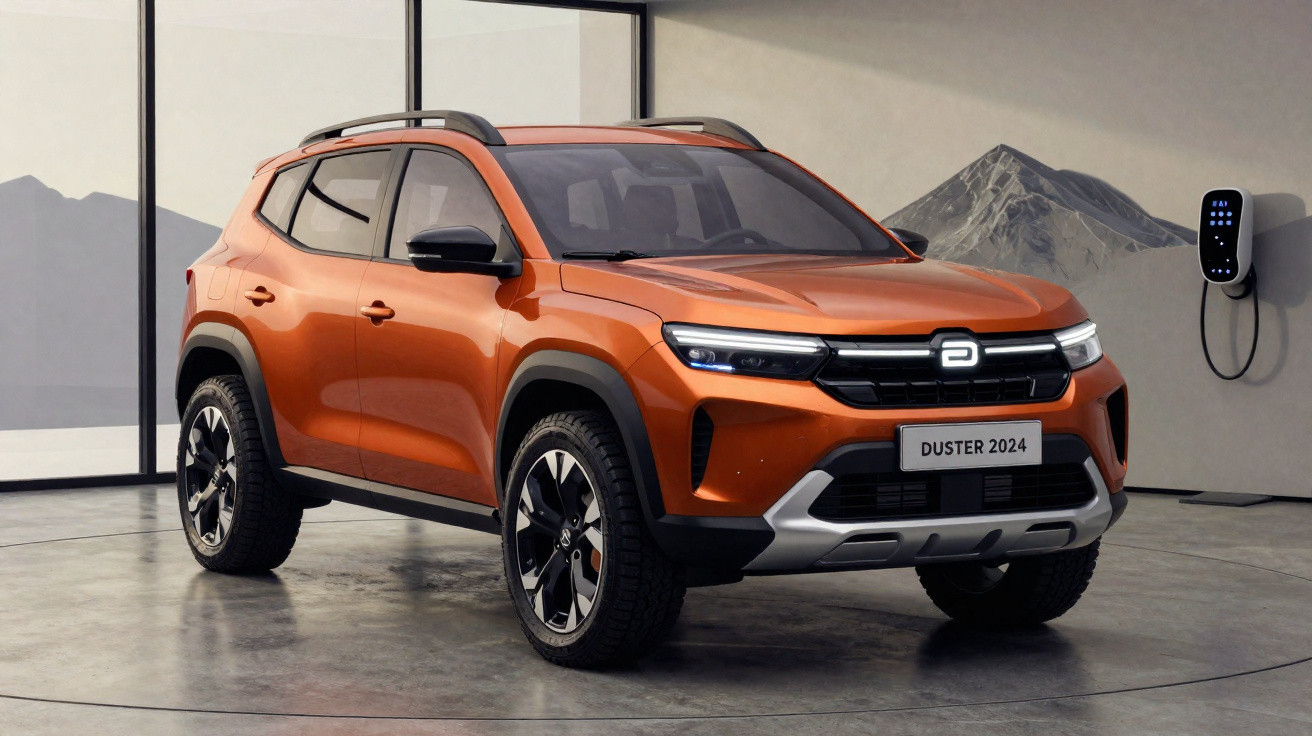 Orange 2024 Duster electric SUV parked indoors next to a wall-mounted charging station.