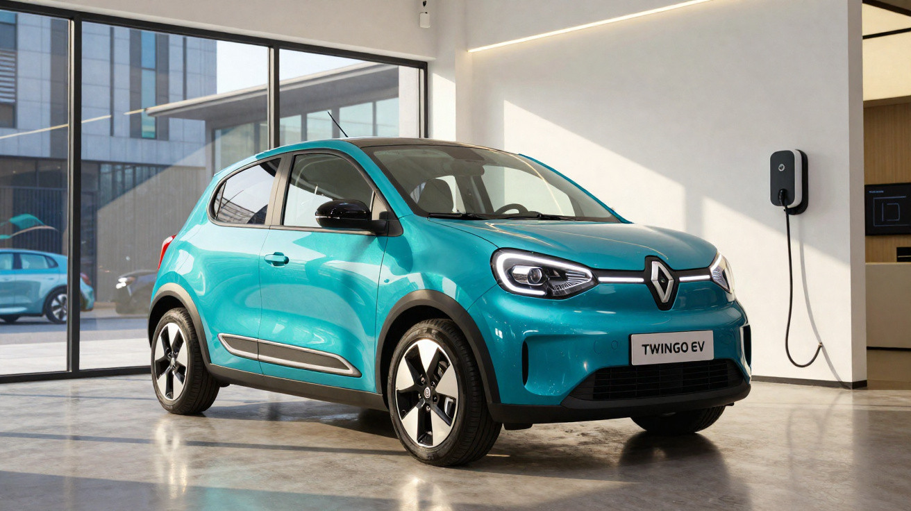 Blue Renault Twingo EV electric car parked indoors next to a wall-mounted charging station.